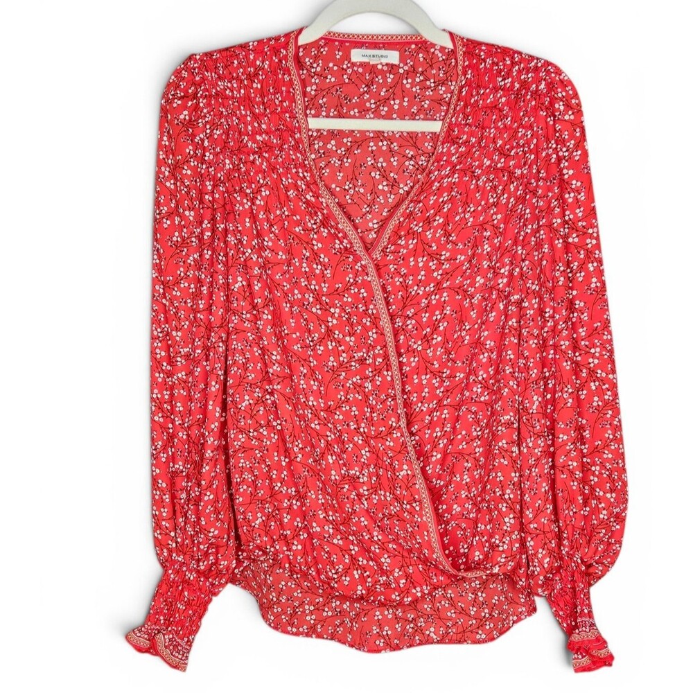 Max Studio Faux Wrap Blouse Womens XS Red Floral Long Sleeve Boho Top